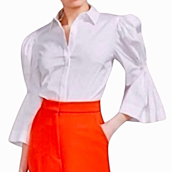 Lela Rose Button-Down Poplin Blouse Top with Pearl Brooch On Puff Sleeve Size 4 - Picture 5 of 16